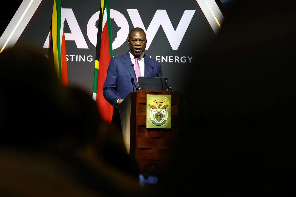 South African Deputy President Paul Mashatile speaks on the opening day of Africa Oil Week and Green Energy Africa Summit at the Cape Town International Convention Centre, in Cape Town, South Africa, October 10, 2023. REUTERS/Esa Alexander/File Photo