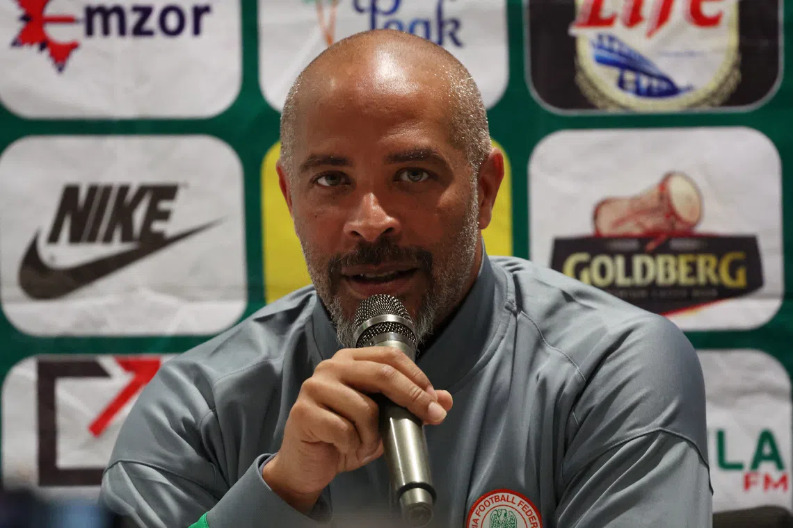 Soccer Football - FIFA World Cup - CAF Qualifiers - Nigeria Press Conference - Godswill Akpabio International Stadium, Uyo, Nigeria - October 13, 2025 Nigeria coach Eric Chelle during the press conference REUTERS/Sodiq Adelakun
