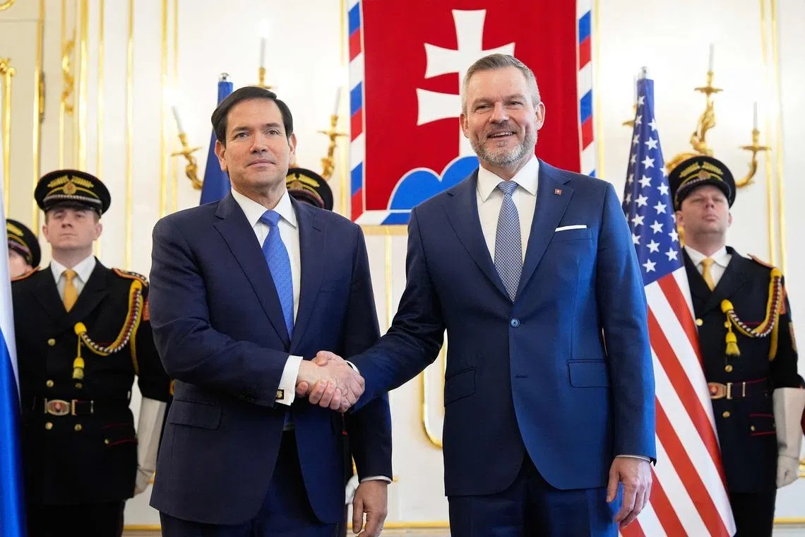 US Secretary of State Marco Rubio (left) meeting Slovak President Peter Pellegrini in Bratislava on Feb 15.