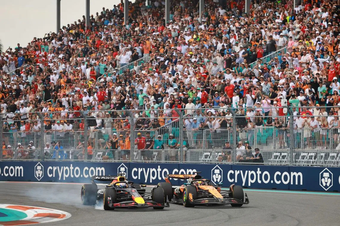 Max Verstappen and Oscar Piastri battling for position during the Miami Grand Prix on May 4. 