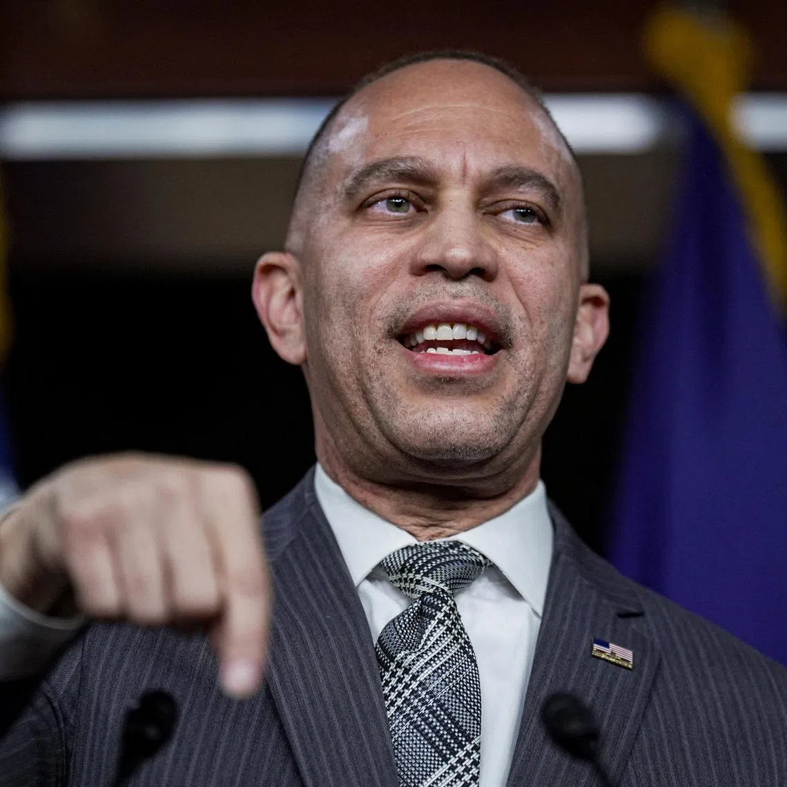 FILE PHOTO: U.S. House Democratic Leader Hakeem Jeffries (D-NY) speaks during a press conference at the U.S. Capitol on day three of a partial government shutdown in Washington, D.C., U.S., February 2, 2026. REUTERS/Al Drago/File Photo