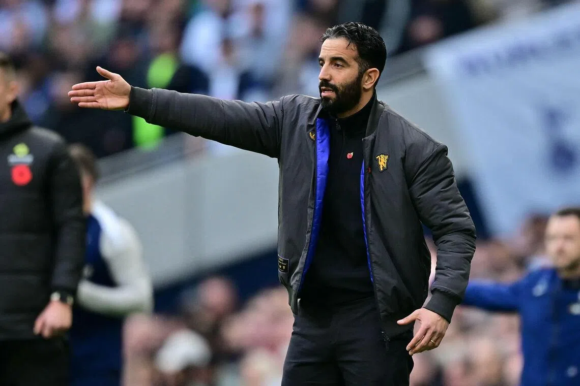 Manchester United's Portuguese manager Ruben Amorim gesturing on the touchline during the 2-2 English Premier League draw against Tottenham Hotspur at the Tottenham Hotspur Stadium in London on Nov 8, 2025. 