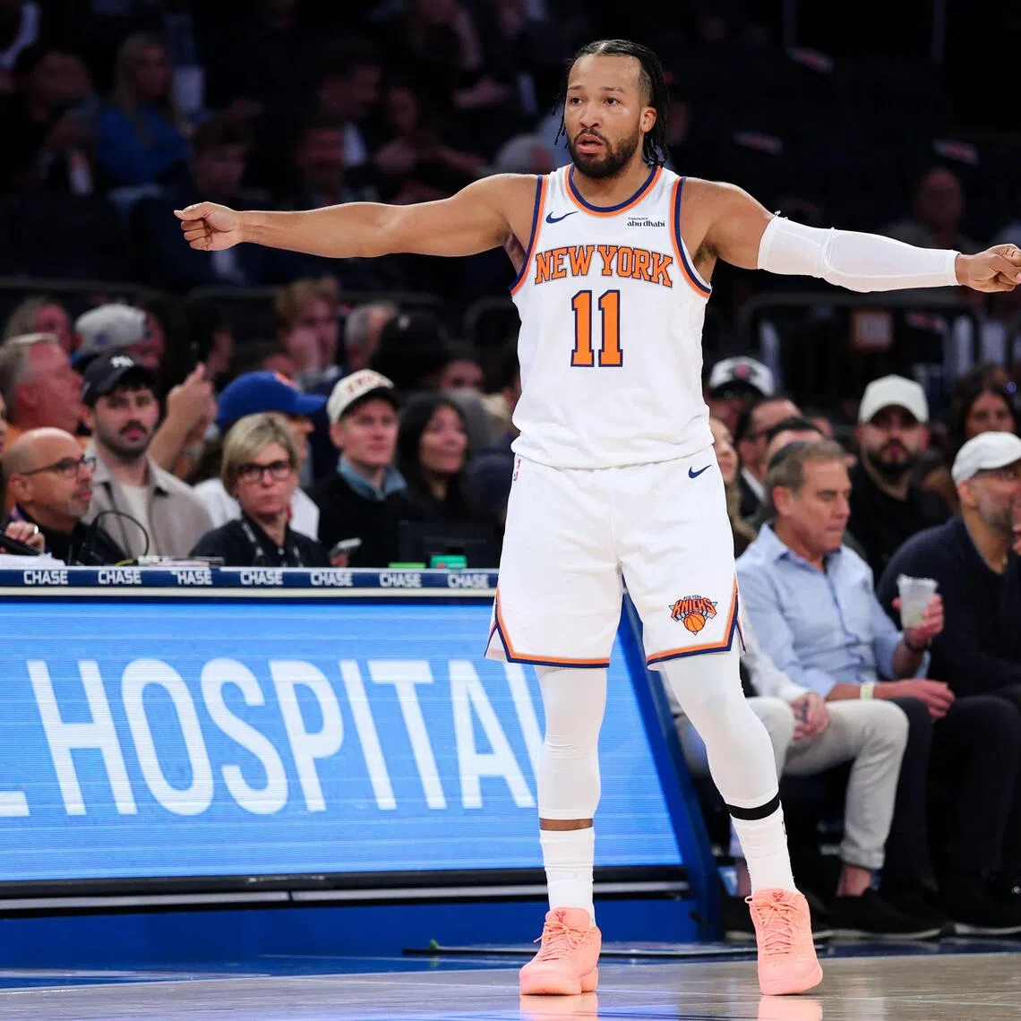 NEW YORK, NEW YORK - OCTOBER 15: Jalen Brunson #11 of the New York Knicks reacts during the first quarter against the Toronto Raptors in a preseason game at Madison Square Garden on October 15, 2026 in New York City.   Caleb Bowlin/Getty Images/AFP (Photo by Caleb Bowlin / GETTY IMAGES NORTH AMERICA / Getty Images via AFP)