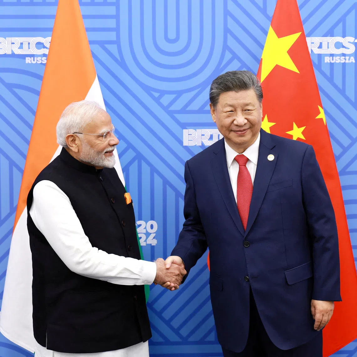 Indian Prime Minister Narendra Modi meeting Chinese President Xi Jinping on the sidelines of the BRICS summit in Kazan, Russia, in 2024.