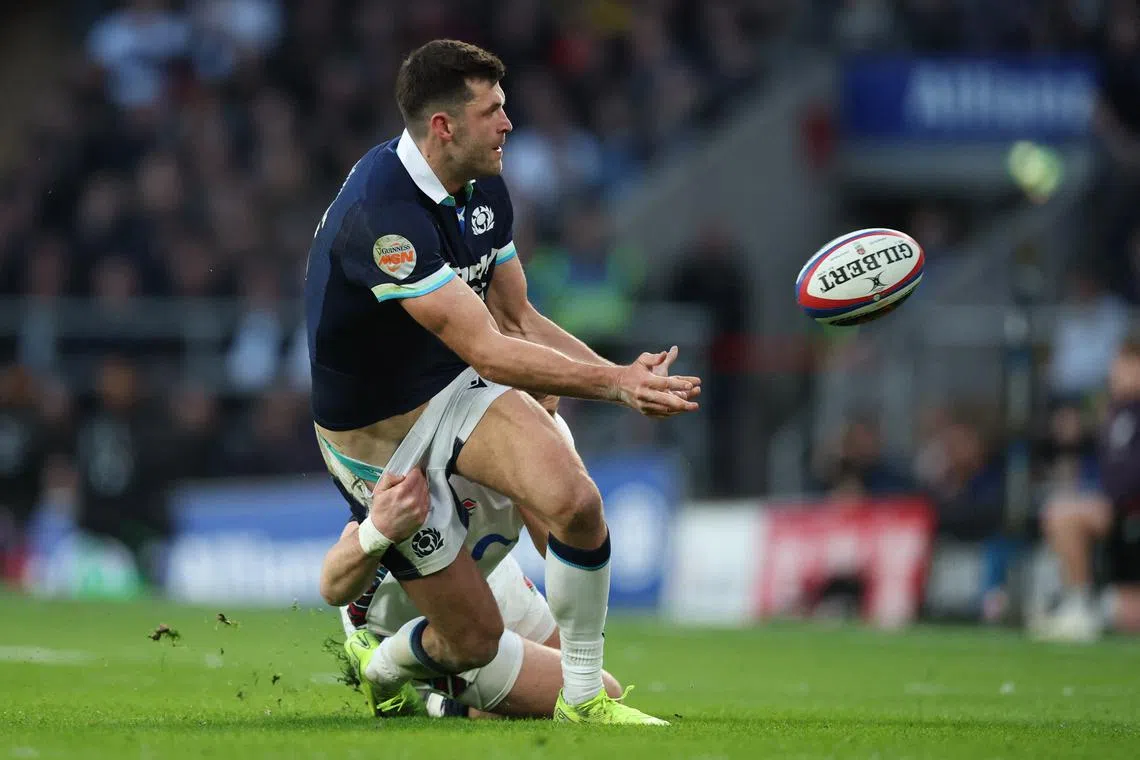FILE PHOTO: Rugby Union - Six Nations Championship - England v Scotland - Allianz Stadium, Twickenham, Britain - February 22, 2025 Scotland's Blair Kinghorn in action with England's Tommy Freeman REUTERS/Hannah Mckay/File Photo