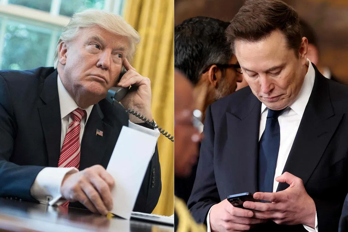 (COMBO) This combination of pictures created on June 06, 2025 shows US President Donald Trump waiting to speak on the phone with Irish Prime Minister Leo Varadkar to congratulate him on his recent election victory in the Oval Office at the White House in Washington, DC, on June 27, 2017. (L)
Tesla CEO Elon Musk looking at his phone during the inauguration of Donald Trump as the 47th president of the United States in the Rotunda of the US Capitol in Washington, DC, on January 20, 2025.. Donald Trump and Elon Musk's unlikely political marriage exploded in a fiery public divorce on June 5, 2025, with the US President threatening to strip the billionaire of his huge government contracts in revenge. (Photo by NICHOLAS KAMM and KEVIN LAMARQUE / various sources / AFP)