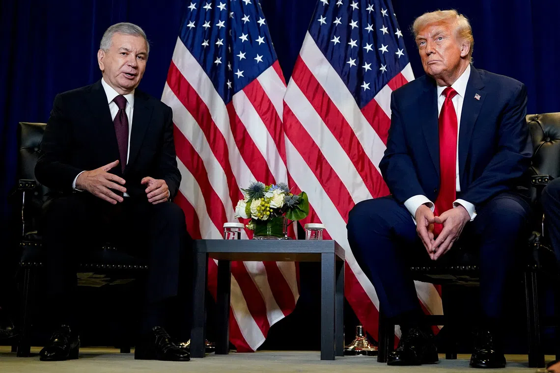 U.S. President Donald Trump meets with Uzbekistan President Shavkat Mirziyoyev during the 80th United Nations General Assembly, in New York City, New York, U.S., September 23, 2025. REUTERS/Al Drago