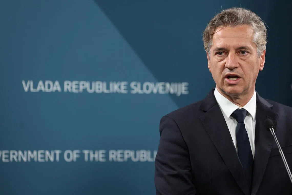 Slovenian Prime Minister Robert Golob speaks at a press conference about the recognition of the Palestinian state, in Ljubljana, Slovenia May 30, 2024. REUTERS/Borut Zivulovic