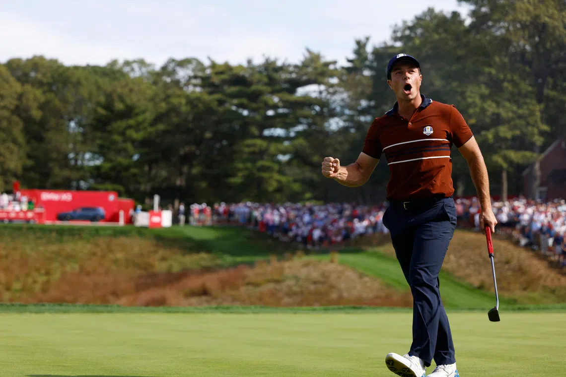 Golf - The 2025 Ryder Cup - Bethpage Black Golf Course, Farmingdale, New York, United States - September 27, 2025 Team Europe's Viktor Hovland celebrates winning the 14th hole during the foursomes IMAGN IMAGES via Reuters/Peter Casey