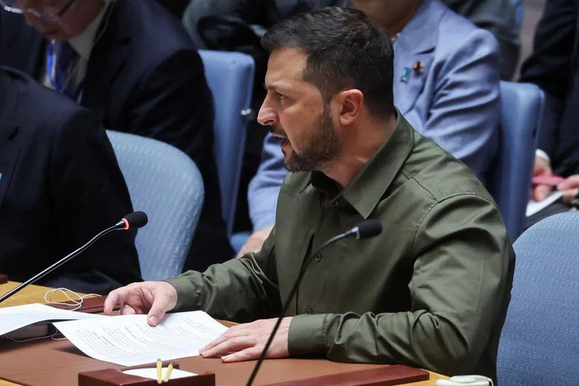 Ukraine's President Volodymyr Zelenskiy addresses the United Nations Security Council during a ministerial level meeting of the Security Council on the crisis in Ukraine at U.N. headquarters in New York, September 20, 2023. REUTERS/Mike Segar