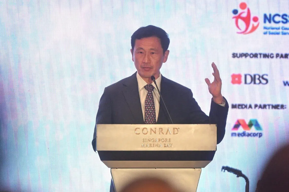 Guest of Honour Mr. Ong Ye Kung, Minister for Health and Coordinating Minister for Social Policies delivering his speech at WorkWell Leaders Awards 2026 at Conrad Singapore Marina Bay, on Apr 24, 2026.