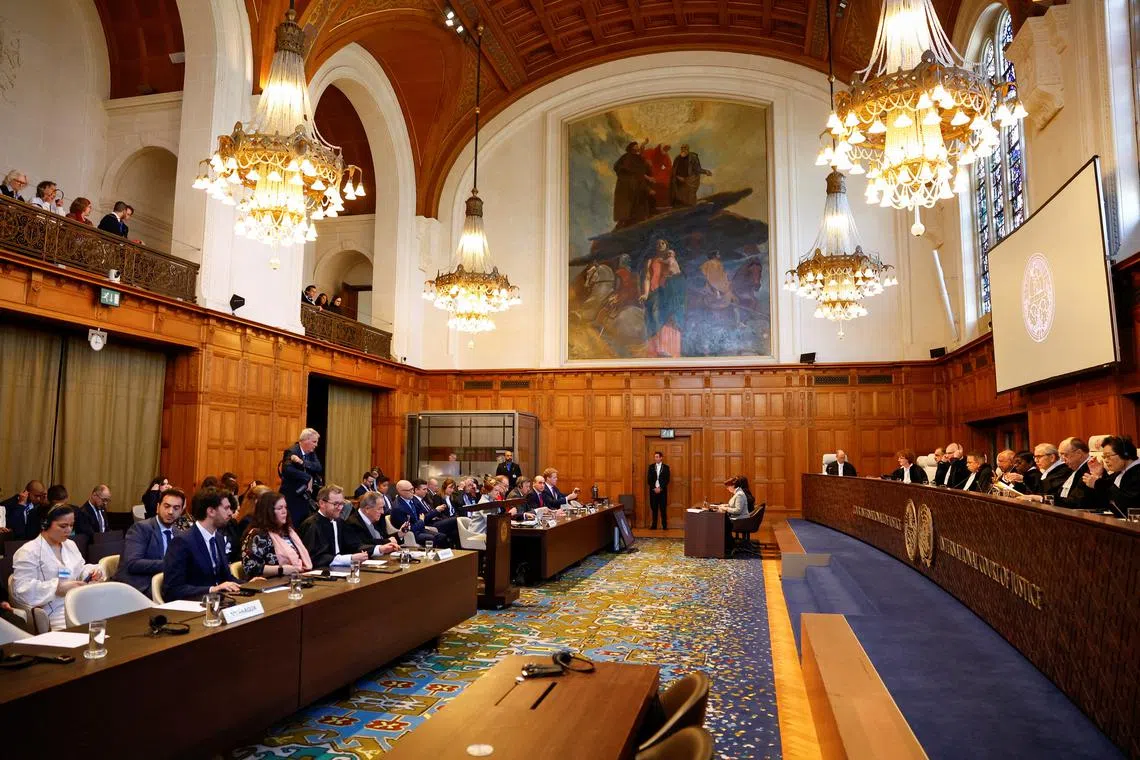 View of the chamber at the International Court of Justice (ICJ) where Nicaragua rules on a demand to order Berlin to halt military arms exports to Israel and reverse its decision to stop funding U.N. Palestinian refugee agency UNRWA as an emergency measure in The Hague, Netherlands, April 30 2024. REUTERS/Piroschka van de Wouw