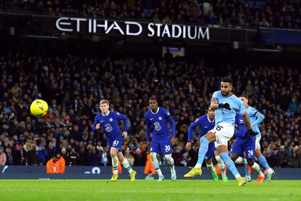 Manchester City's Riyad Mahrez scoring their fourth goal against Chelsea from the penalty spot in their 4-0 thrashing of the Blues on  Jan 8 at the Etihad Stadium. 