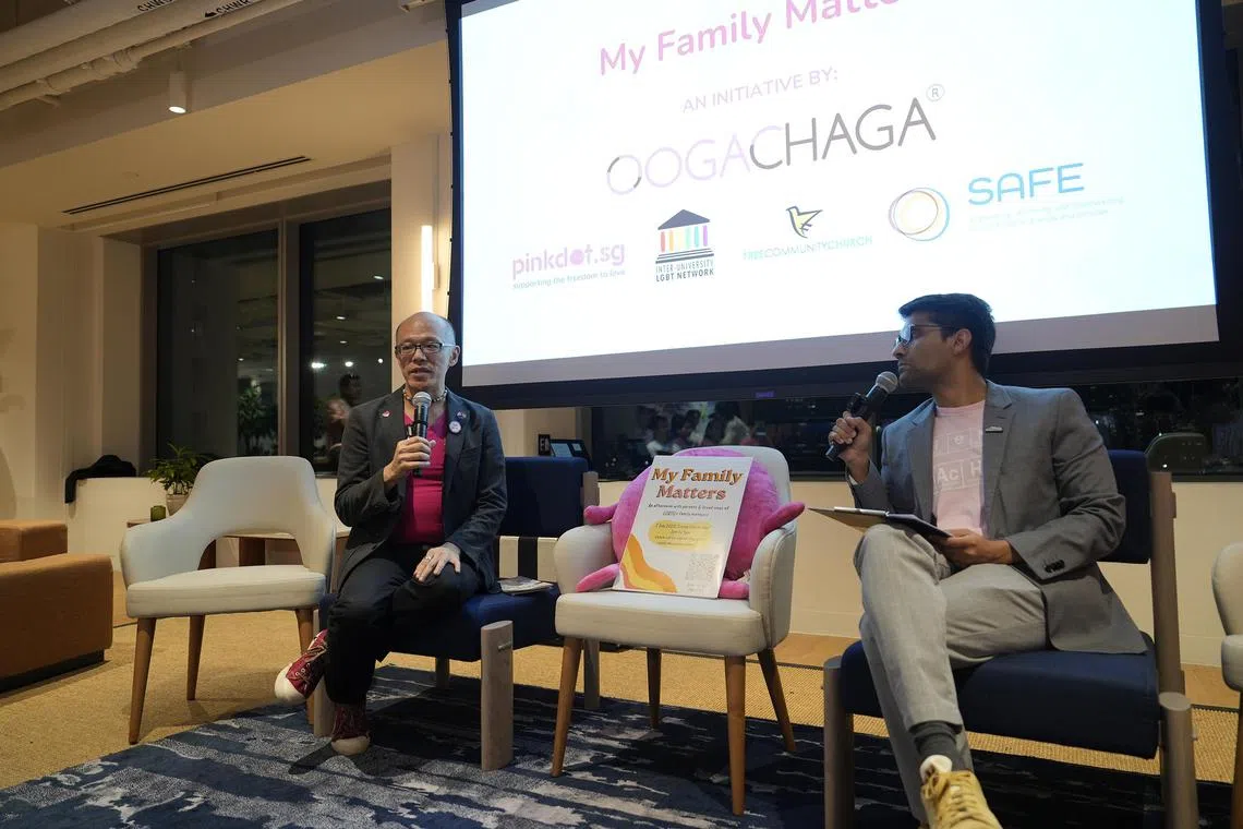 Counselling and support group Oogachaga’s executive director Leow Yangfa (left) shared about My Family Matters, a new informal support group initiative for family members of lesbian, gay, bisexual, transgender and queer (LGBTQ+) people.

Photo Credit: Pink Dot SG