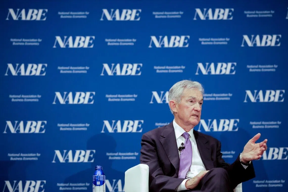 Jerome Powell, chairman of the US Federal Reserve, during the National Association of Business Economics (NABE) annual meeting in Philadelphia, Pennsylvania, US, on Tuesday, Oct. 14, 2025. The theme of this year's conference is "Global Economy in Transition: Finding Opportunity Amid Disruption." Photographer: Hannah Beier/Bloomberg