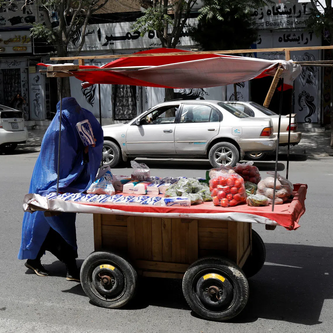 FILE PHOTO: An Afghan woman pushes her cart in Kabul, Afghanistan, July 6, 2023. REUTERS/Ali Khara/ File Photo