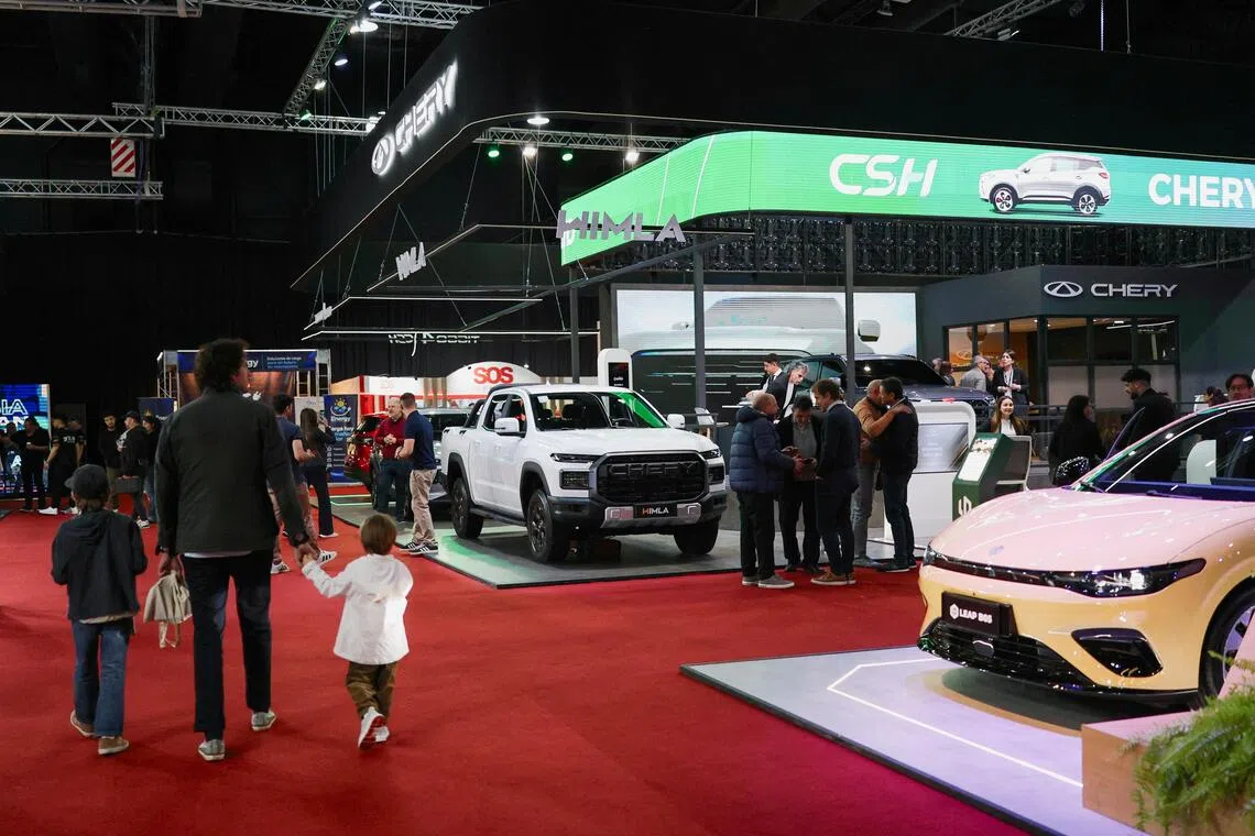 Chery and Leapmotor vehicles at a Chinese auto show in Buenos Aires on Oct 2.