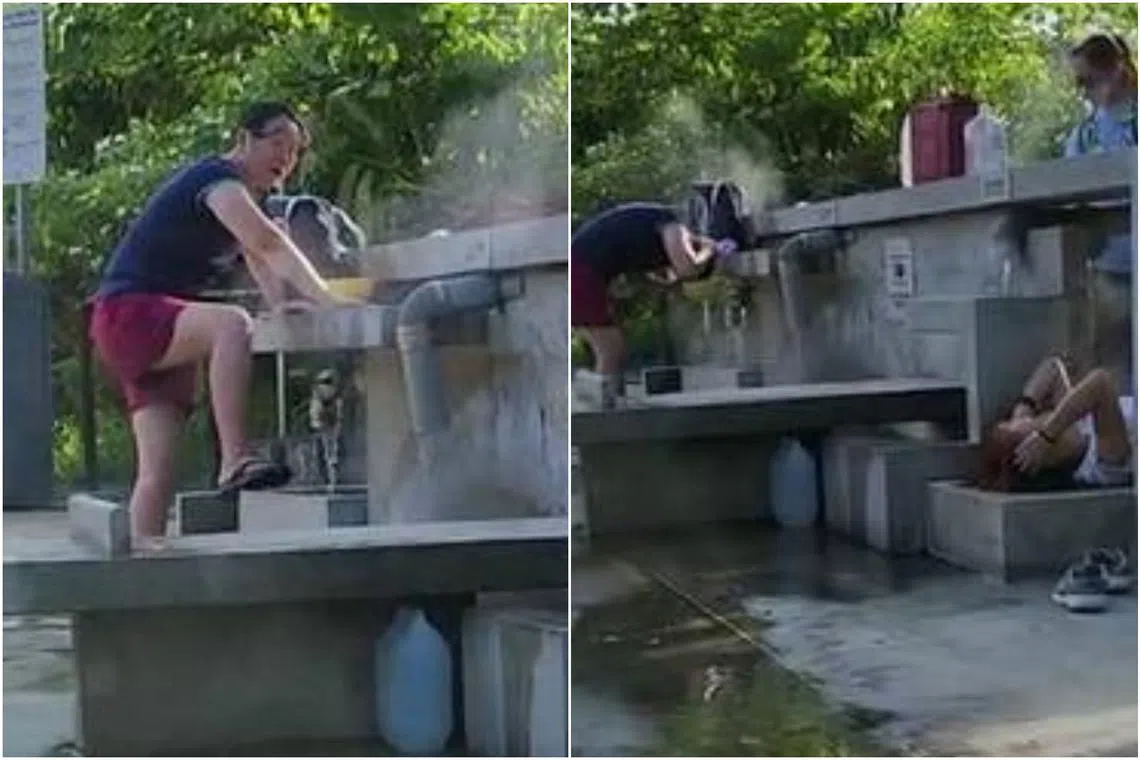 A woman caught washing her hair at the egg cooking station, and another "doing sauna" while lying down.
