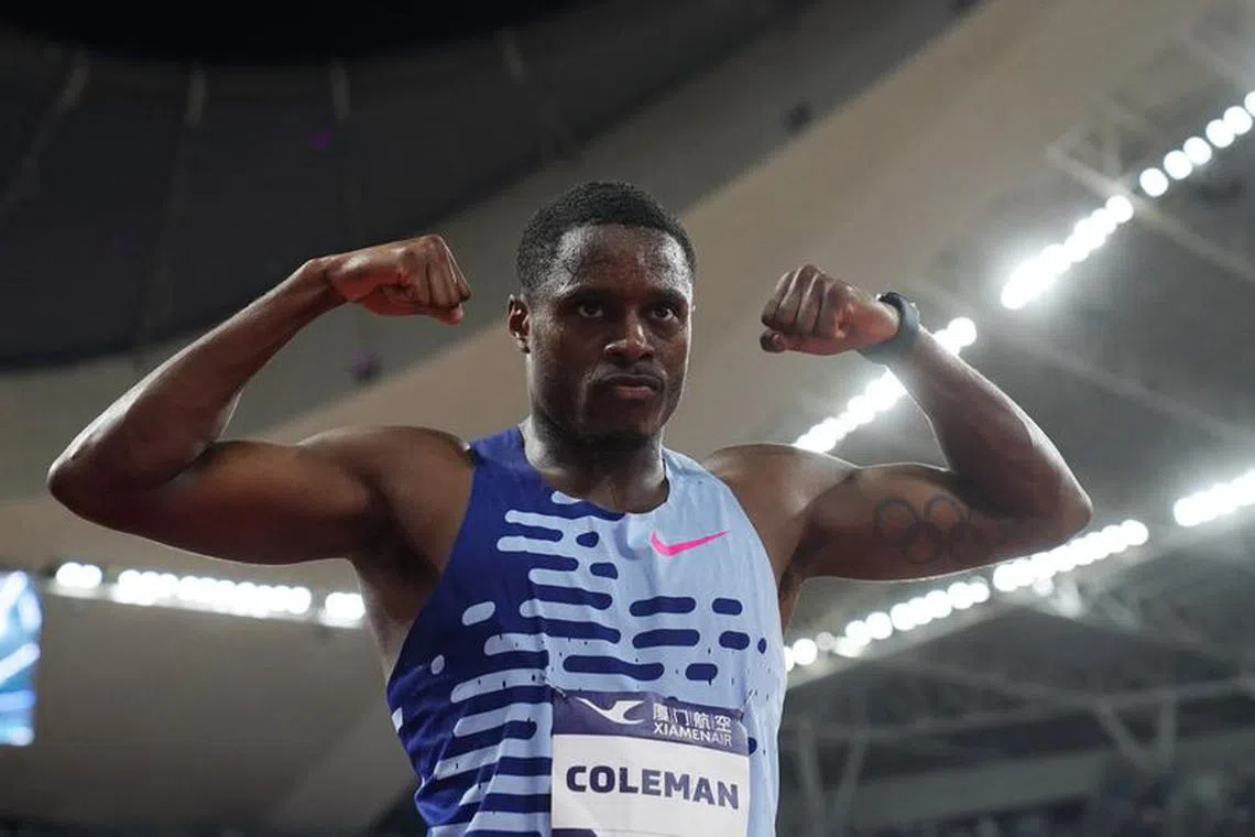 FILE PHOTO: Athletics - Diamond League - Xiamen Diamond League - Egret Stadium, Xiamen, China - September 2, 2023 Christian Coleman of the U.S. celebrates after winning the men's 100m final REUTERS/Aly Song/File Photo