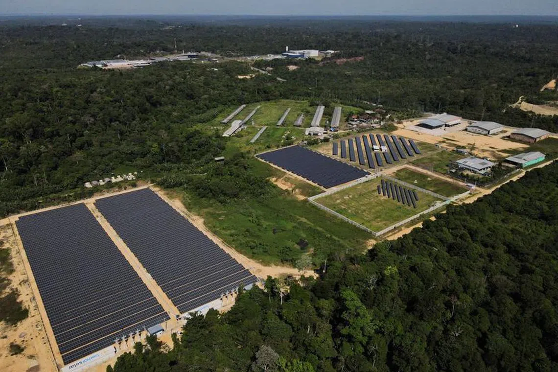 FILE PHOTO: An aerial view of the Bemol Solar plant outside Manaus, Amazonas state, Brazil August 23, 2021. Picture taken with a drone August 23, 2021. REUTERS/Bruno Kelly