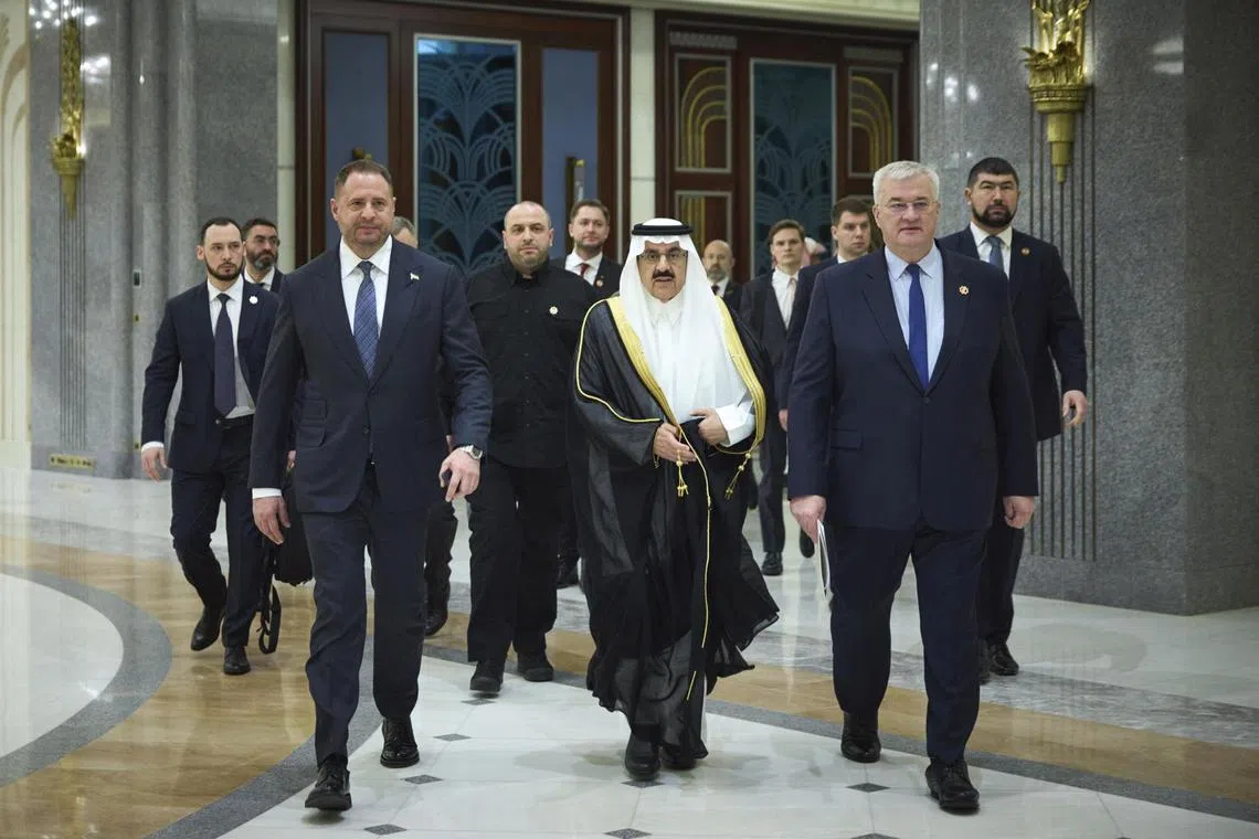 Head of the Presidential Office of Ukraine Andriy Yermak (left) and Ukrainian Foreign Minister Andrii Sybiha (right) arriving for a meeting with US officials in Jeddah, Saudi Arabia, on March 11.