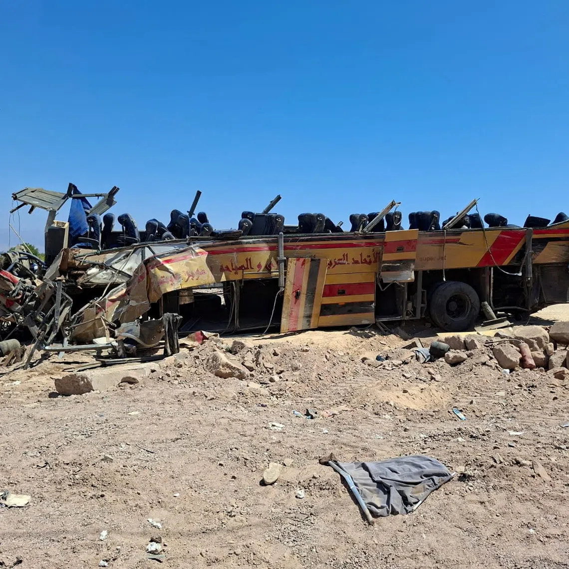 The wreckage of a bus involved in a deadly accident on Dahab-Nuweiba road in South Sinai, Egypt, September 2, 2026. Picture taken with a mobile phone. REUTERS/Stringer