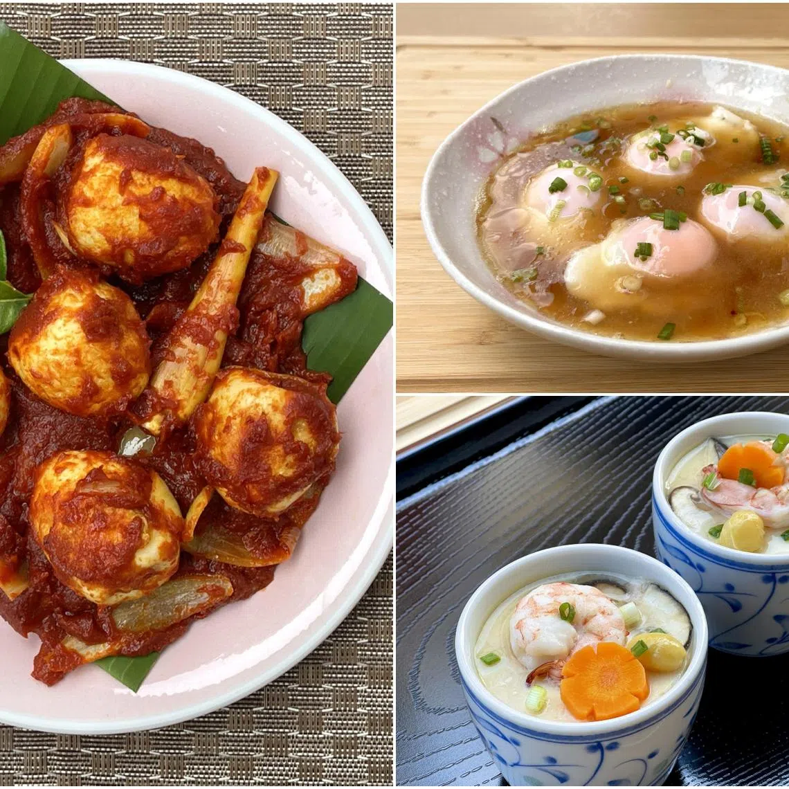 (Clockwise from left): Sambal telur, poached eggs with soya sauce and steamed egg tofu with prawns.