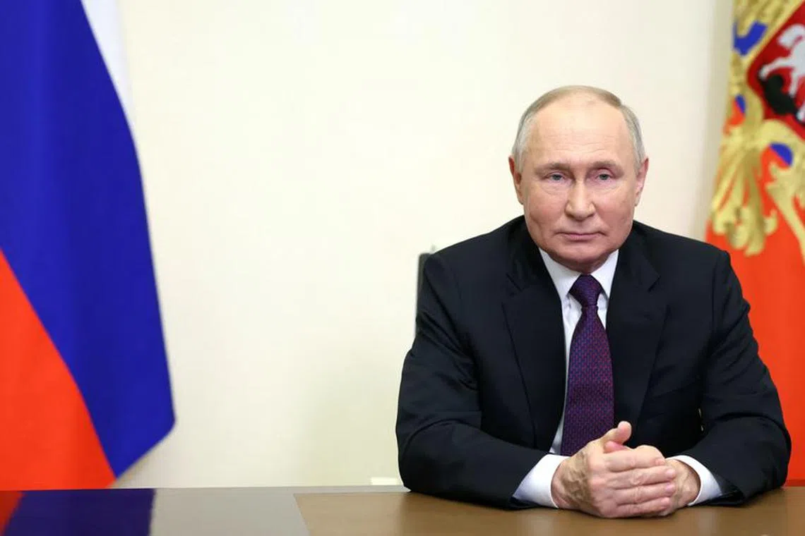 Russian President Vladimir Putin delivers a video address to mark the 31st anniversary of the founding of national energy giant Gazprom, at the Novo-Ogaryovo state residence outside Moscow, Russia February 17, 2024. Sputnik/Alexander Kazakov/Pool via REUTERS