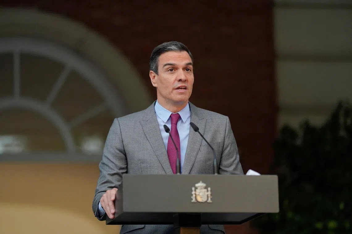 FILE PHOTO: Spain's Prime Minister Pedro Sanchez delivers a statement as he announces pardons for jailed Catalan separatist leaders, at Moncloa Palace in Madrid, Spain, June 22, 2021. REUTERS/Juan Medina/File Photo