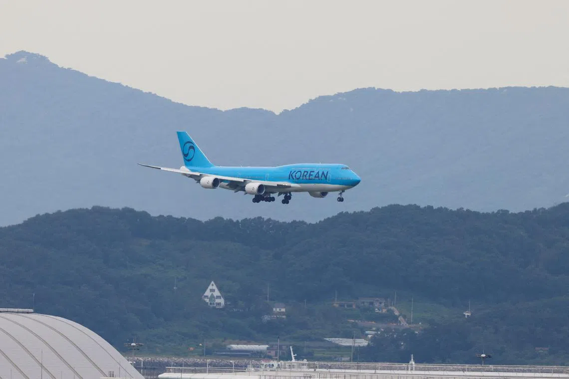 A chartered plane transporting South Korean workers, who were detained in a huge immigration raid in the US, arrives at the Incheon International Airport in Incheon, on Sept 12, 2025.