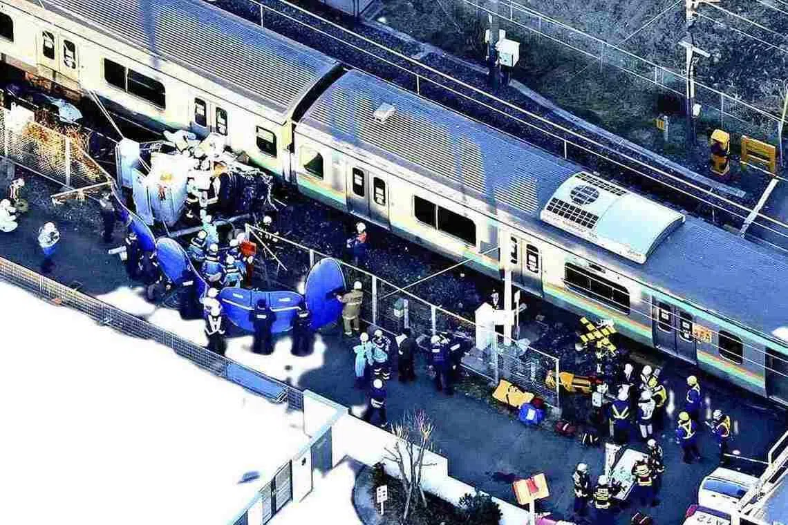 A train that collided with a car is seen near a level crossing in Shiraoka, Saitama Prefecture, on Jan 1, 2026.