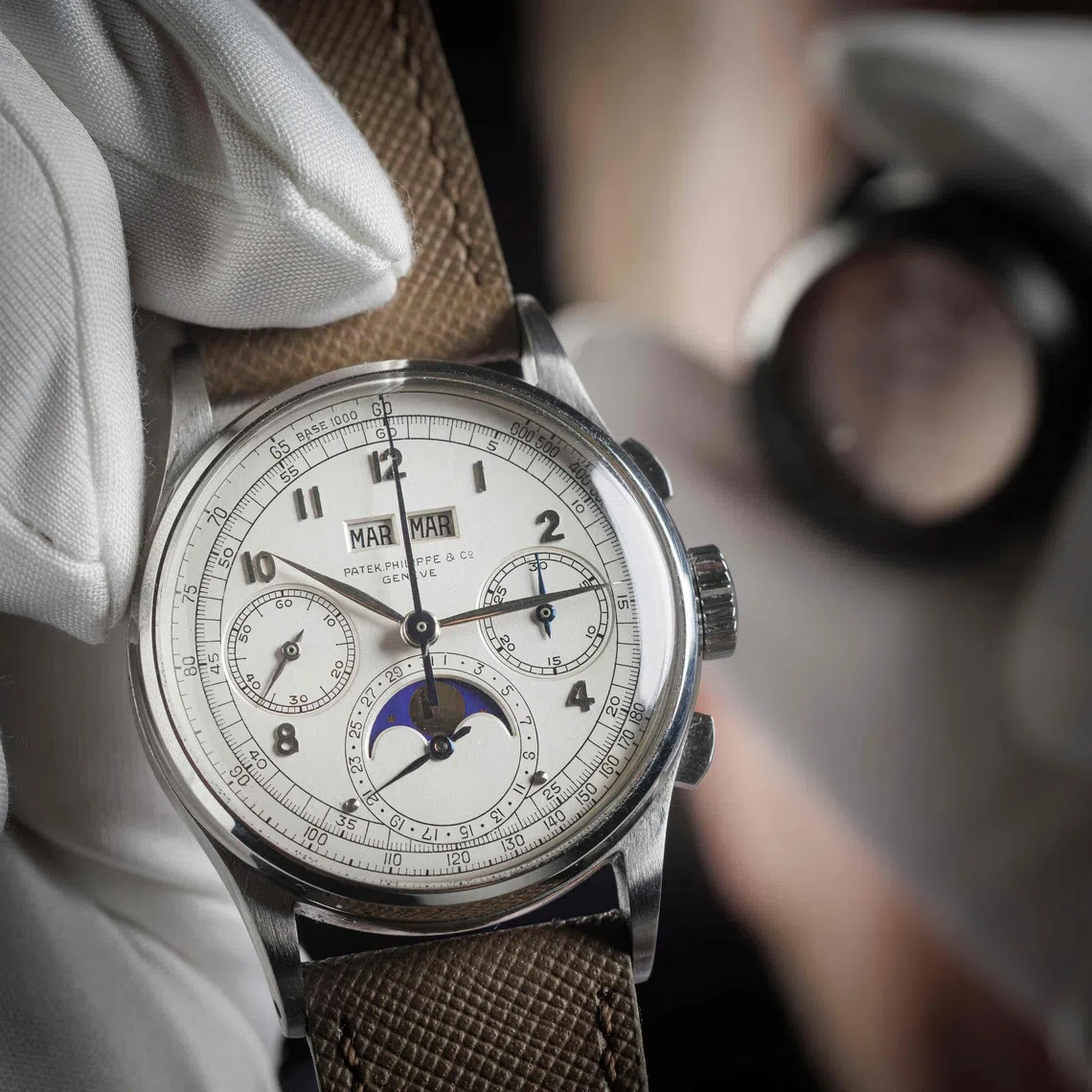 The stainless steel Patek Philippe 1518 watch pictured in Geneva on Sept 16, was manufactured in 1943.