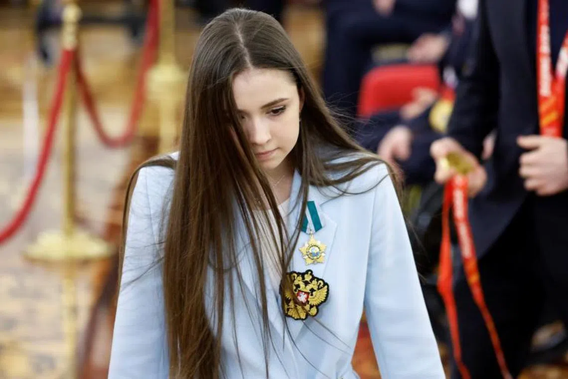 FILE PHOTO: Russian figure skater Kamila Valieva attends a meeting of President Vladimir Putin with the country's Olympians and Paralympians at the Kremlin in Moscow, Russia April 26, 2022. REUTERS/Maxim Shemetov/File Photo