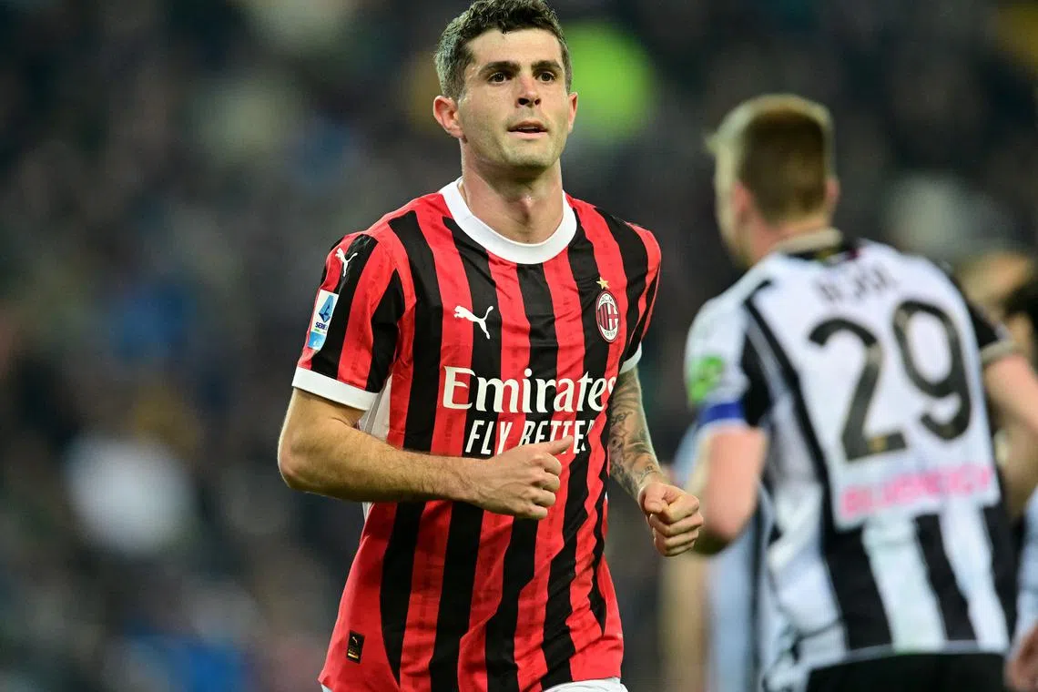 FILE PHOTO: Soccer Football - Serie A - Udinese v AC Milan - Bluenergy Stadium, Udine, Italy - April 11, 2025 AC Milan's Christian Pulisic reacts after missed a chance to score REUTERS/Daniele Mascolo/File Photo