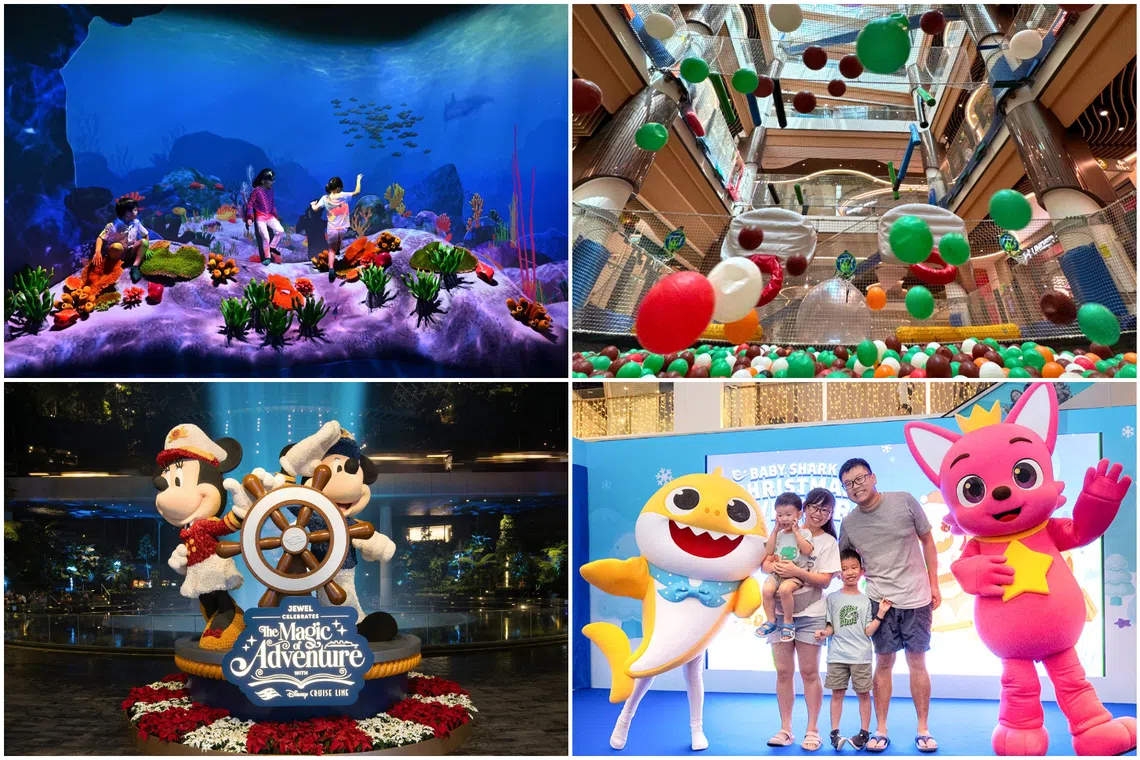 (Clockwise from top left) Curiosity Cove at Mandai Wildlife Reserve, Airzone at City Square mall, Pinkfong & Baby Shark free stage show and Disney-themed festivities at Changi Airport and Jewel.