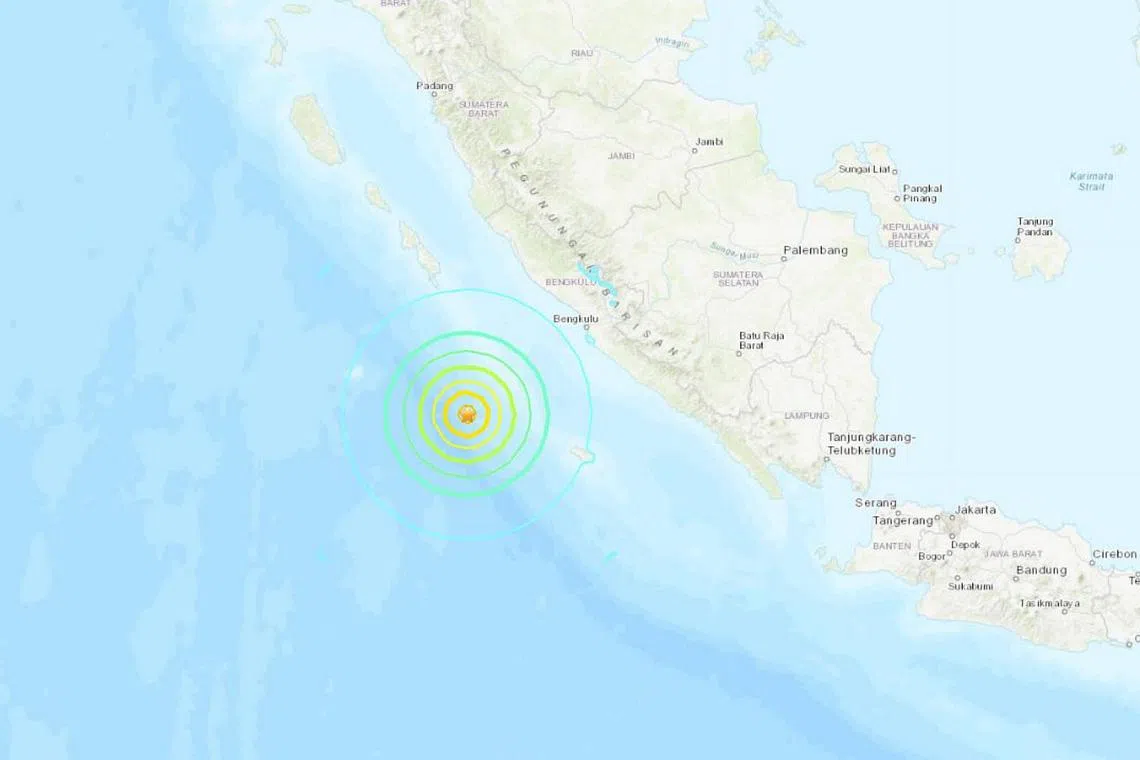 The earthquake struck about 212km south-west of the city of Bengkulu on Sumatra.