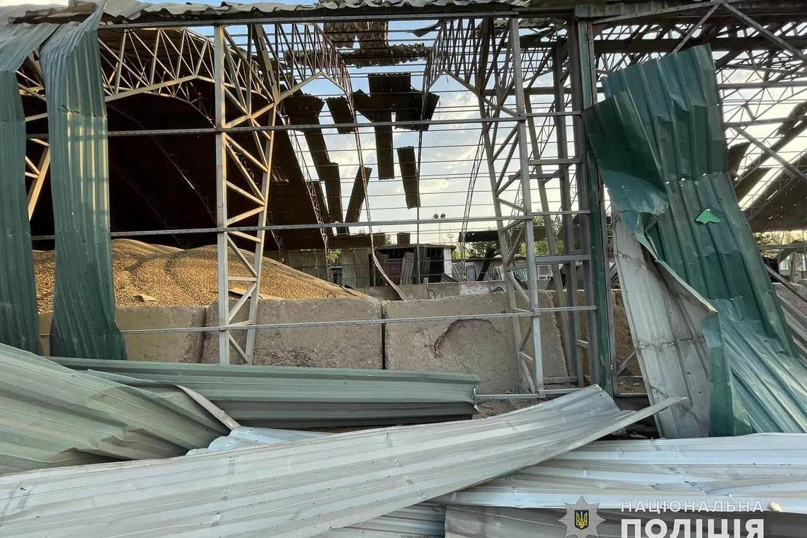 A grain warehouse heavily damaged by a Russian drone strike, at a port on the Danube, in Ukraine's in Odesa region.