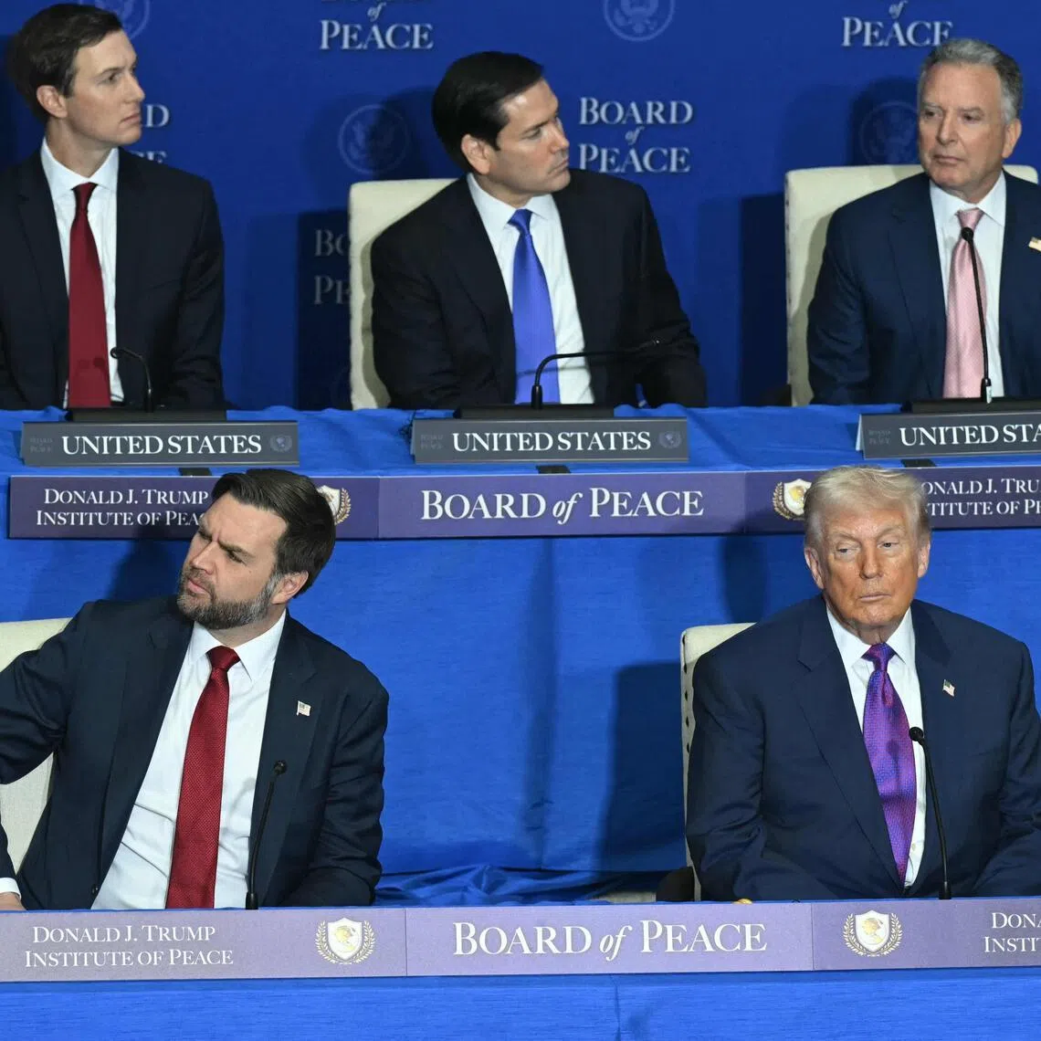 (Clockwise from bottom right) US President Donald Trump, V-P J.D. Vance, Jared Kushner, Secretary of State Marco Rubio, and White House Special Envoy Steve Witkoff at the "Board of Peace".