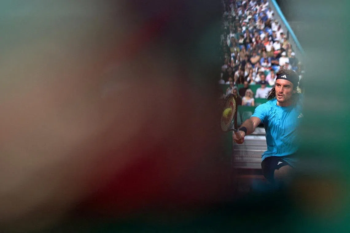 Greece's Stefanos Tsitsipas in action against Argentina's Francisco Cerundolo at the Monte Carlo Masters, held at the Monte Carlo Country Club, in Roquebrune-Cap-Martin, France, on April 6, 2026.