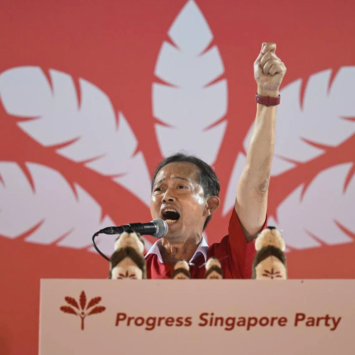 PSP chief Leong Mun Wai speaking at the party's rally at Jurong West Stadium on May 1.