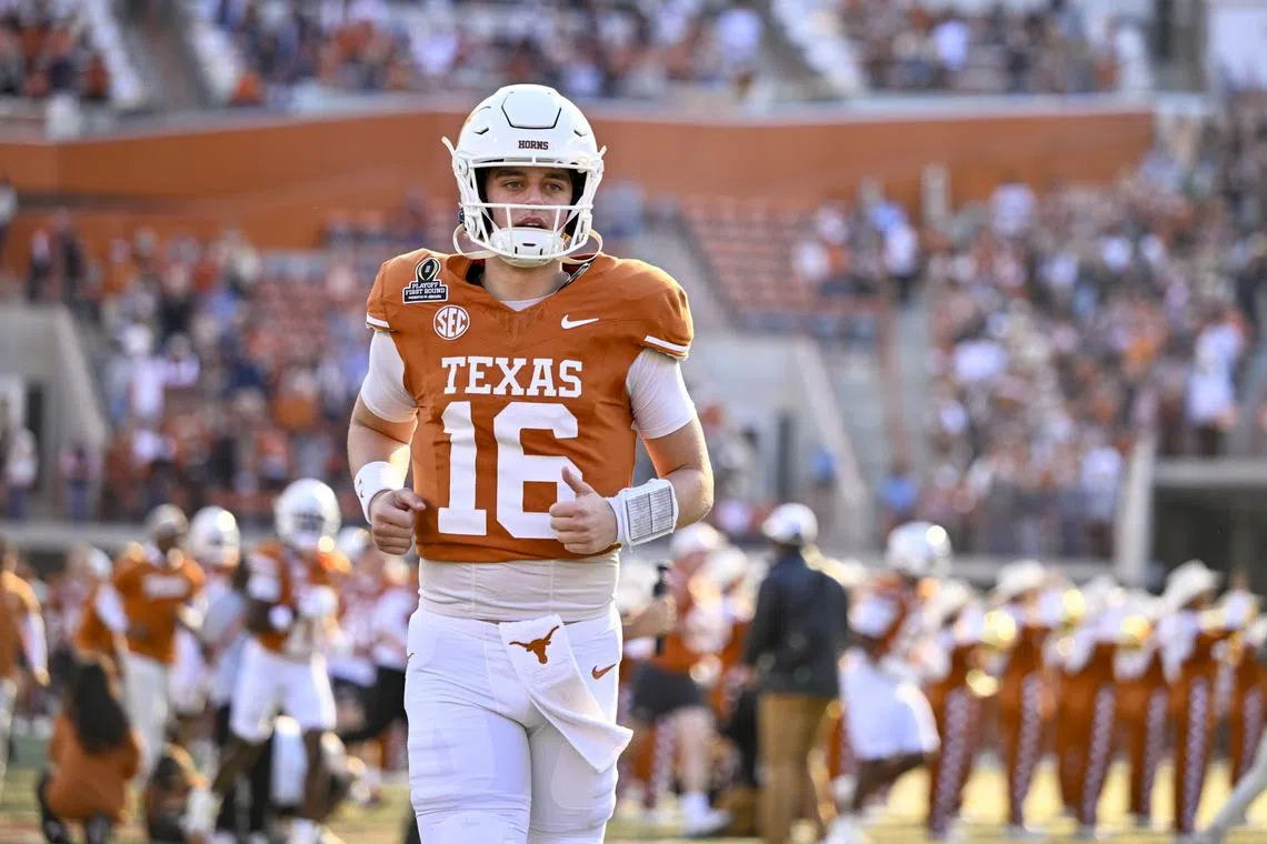 FILE PHOTO: Dec 21, 2024; Austin, Texas, USA; Texas Longhorns quarterback Arch Manning (16) takes the field before the game between the Texas Longhorns and the Clemson Tigers in the CFP National Playoff First Round at Darrell K Royal-Texas Memorial Stadium. Mandatory Credit: Jerome Miron-Imagn Images/File photo