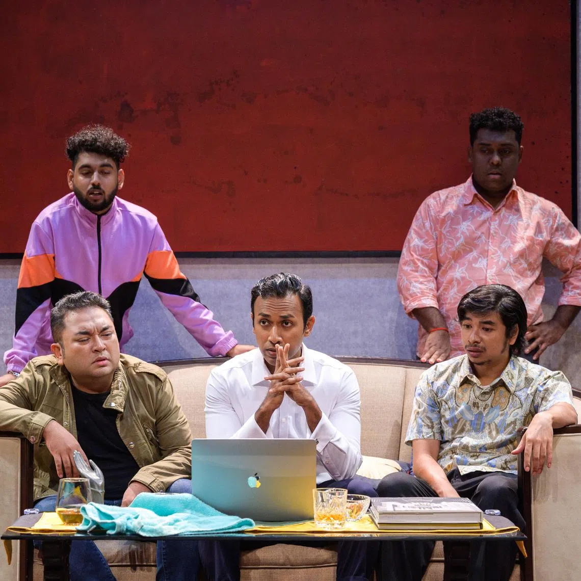 (Clockwise from top left) Krish Natarajan, Adib Kosnan, Gosteloa Spancer, Shahid Nasheer and Ebi Shankara meet, squabble and get drunk in the play Brown Boys Don't Tell Jokes by Checkpoint Theatre.