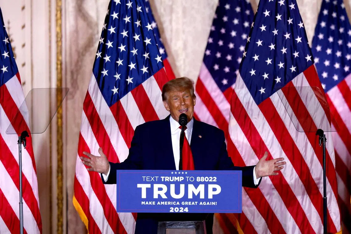(FILES) In this file photo taken on November 15, 2022 Former US President Donald Trump speaks at the Mar-a-Lago Club in Palm Beach, Florida. - Donald Trump hits the campaign trail Saturday for the first time in a stuttering third bid for the US presidency overshadowed by intensifying criminal investigations and a firestorm of political controversy. (Photo by ALON SKUY / AFP)