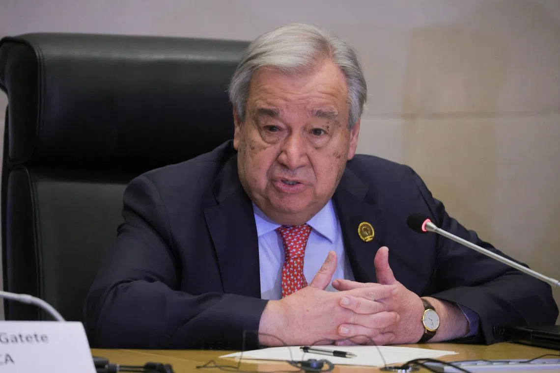 FILE PHOTO: United Nations Secretary-General Antonio Guterres addresses the media during the 38th Ordinary Session of the Heads of State and Government of the African Union at the African Union Commission (AUC) headquarters in Addis Ababa, Ethiopia, February 15, 2025. REUTERS/ Tiksa Negeri/File Photo