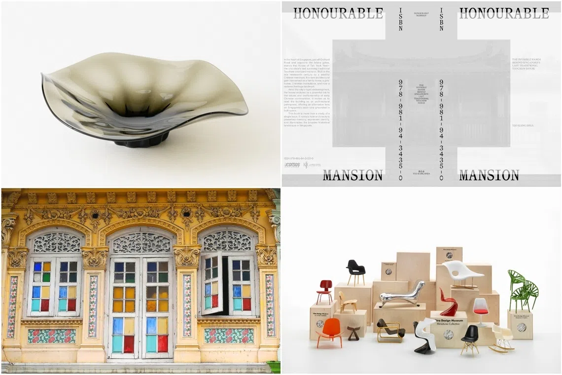 (Clockwise from top left) The Flutter Plate, a book on Singapore's last Teochew mansion, miniatures of classic European furniture and an architectural print of a Syed Alwi Road shophouse.