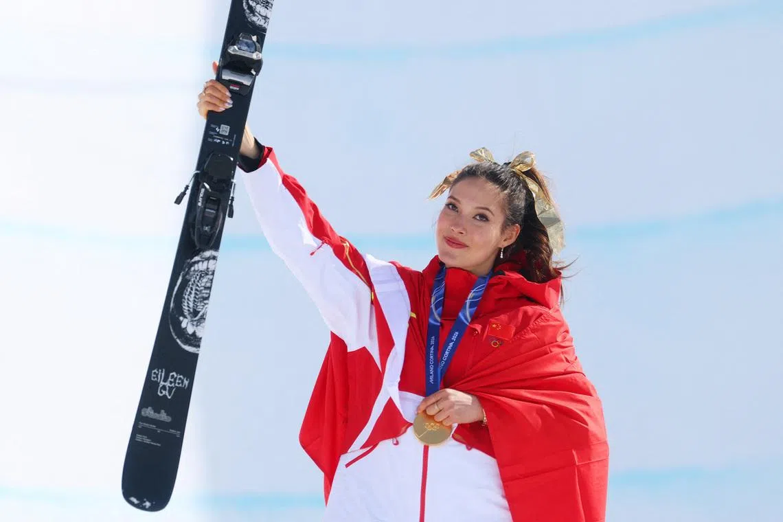 Milano Cortina 2026 Olympics - Freestyle Skiing - Women's Freeski Halfpipe Victory Ceremony - Livigno Snow Park, Livigno, Italy - February 22, 2026. Gold medallist Ailing Eileen Gu of China celebrates during the women's freeski halfpipe victory ceremony REUTERS/Hannah Mckay