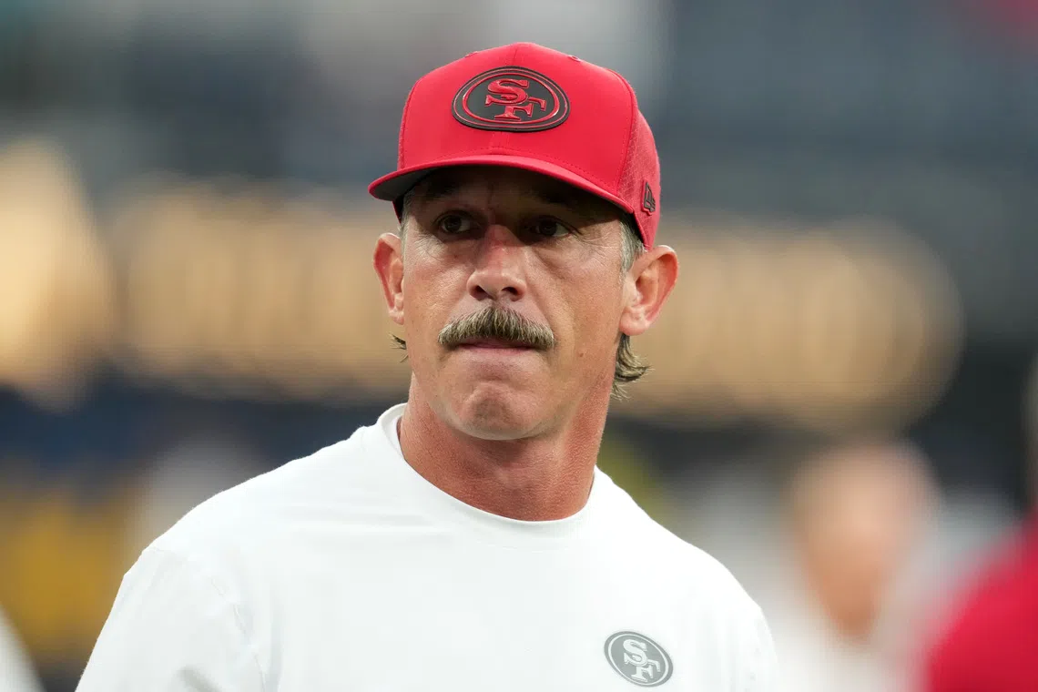 Aug 20, 2026; Inglewood, California, USA; San Francisco 49ers head coach Kyle Shanahan watches during the game against the Los Angeles Chargers at SoFi Stadium. Mandatory Credit: Kirby Lee-Imagn Images