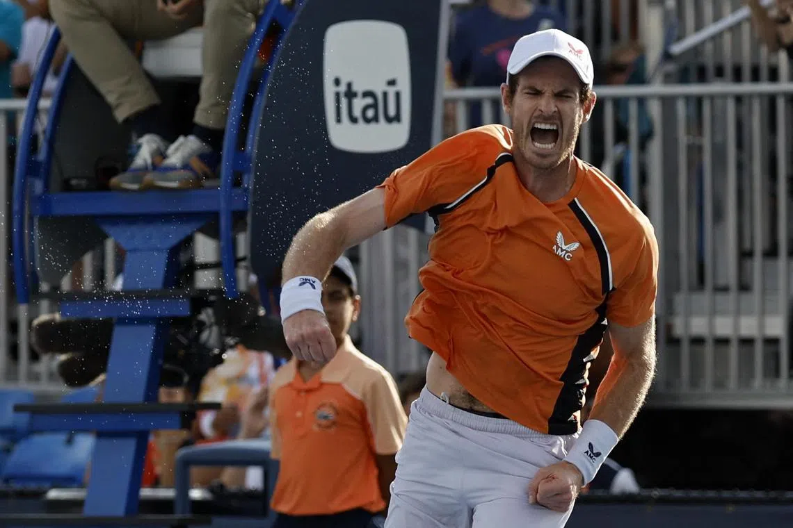 Mar 23, 2024; Miami Gardens, FL, USA; Andy Murray (GBR) celebrates after his match against Tomas Martin Etcheverry (ARG) (not pictured) on day six of the Miami Open at Hard Rock Stadium. Mandatory Credit: Geoff Burke-USA TODAY Sports