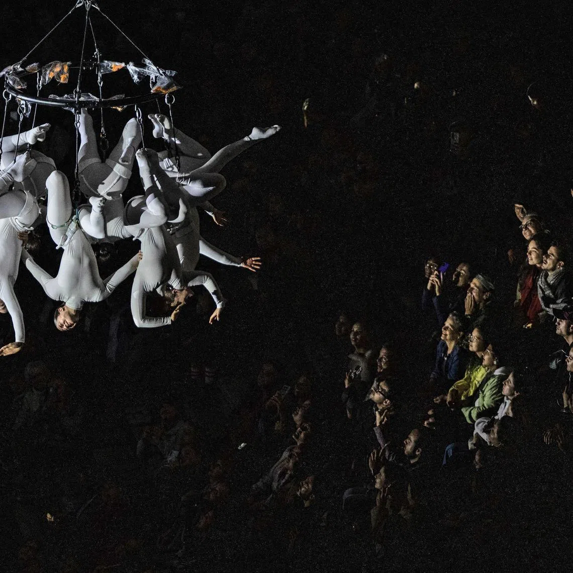 Dancers performing in the show 'Aria' by the Spanish company Zenit Aerial Ballet during the 2nd International Festival of Living Arts (FIAV) in Bogota, Colombia on March 29, 2026. 