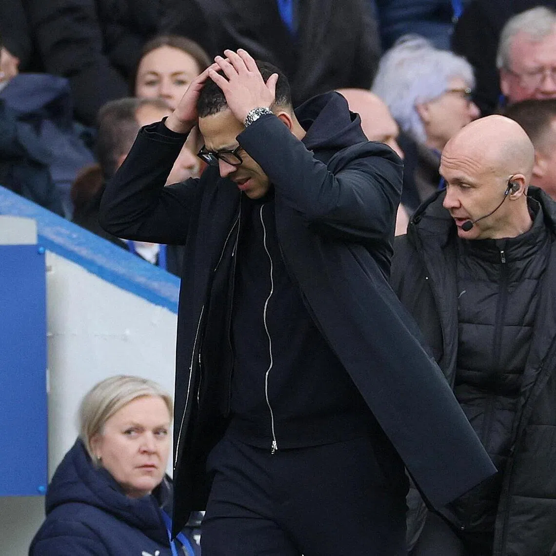 Chelsea manager Liam Rosenior reacting during the 1-1 English Premier League draw against Burnley at Stamford Bridge on Feb 21, 2026.